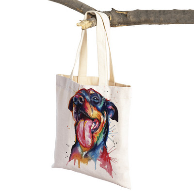 Mielas animacinis filmas Pet Dog Ekologinis pirkinių krepšys Moteriškas drobinis nešiojamas rankinė Daugkartinio naudojimo akvareliniai gyvūnai, moteriški pirkėjo pečių krepšiai