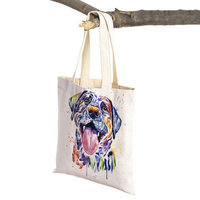 Mielas animacinis filmas Pet Dog Ekologinis pirkinių krepšys Moteriškas drobinis nešiojamas rankinė Daugkartinio naudojimo akvareliniai gyvūnai, moteriški pirkėjo pečių krepšiai