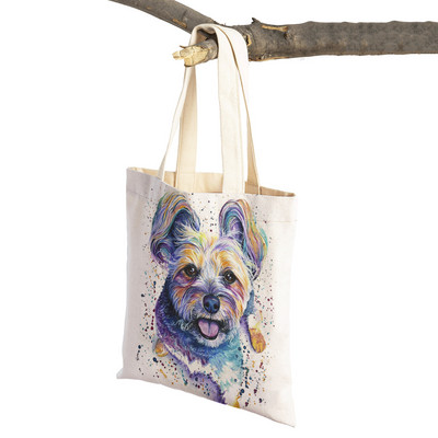 Mielas animacinis filmas Pet Dog Ekologinis pirkinių krepšys Moteriškas drobinis nešiojamas rankinė Daugkartinio naudojimo akvareliniai gyvūnai, moteriški pirkėjo pečių krepšiai