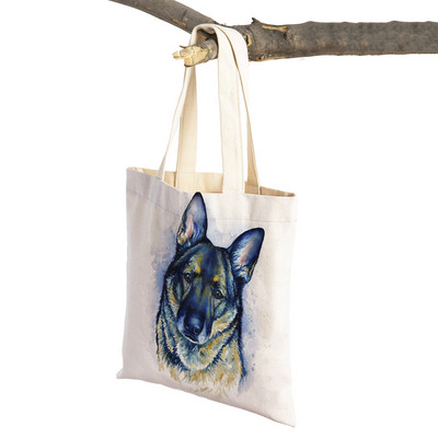 Mielas animacinis filmas Pet Dog Ekologinis pirkinių krepšys Moteriškas drobinis nešiojamas rankinė Daugkartinio naudojimo akvareliniai gyvūnai, moteriški pirkėjo pečių krepšiai