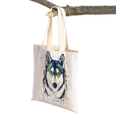 Mielas animacinis filmas Pet Dog Ekologinis pirkinių krepšys Moteriškas drobinis nešiojamas rankinė Daugkartinio naudojimo akvareliniai gyvūnai, moteriški pirkėjo pečių krepšiai