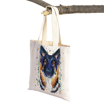 Mielas animacinis filmas Pet Dog Ekologinis pirkinių krepšys Moteriškas drobinis nešiojamas rankinė Daugkartinio naudojimo akvareliniai gyvūnai, moteriški pirkėjo pečių krepšiai