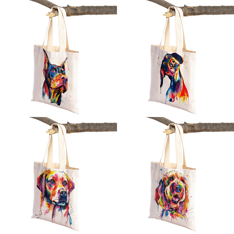Mielas animacinis filmas Pet Dog Ekologinis pirkinių krepšys Moteriškas drobinis nešiojamas rankinė Daugkartinio naudojimo akvareliniai gyvūnai, moteriški pirkėjo pečių krepšiai
