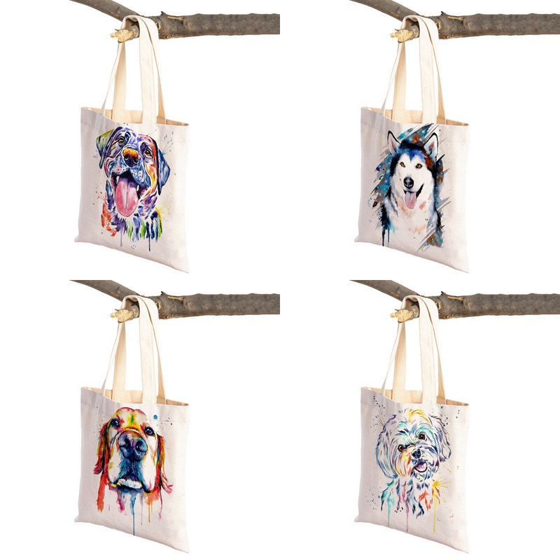 Mielas animacinis filmas Pet Dog Ekologinis pirkinių krepšys Moteriškas drobinis nešiojamas rankinė Daugkartinio naudojimo akvareliniai gyvūnai, moteriški pirkėjo pečių krepšiai