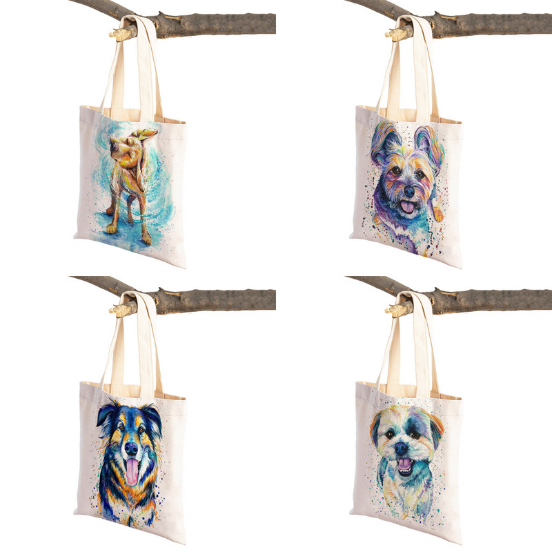 Mielas animacinis filmas Pet Dog Ekologinis pirkinių krepšys Moteriškas drobinis nešiojamas rankinė Daugkartinio naudojimo akvareliniai gyvūnai, moteriški pirkėjo pečių krepšiai