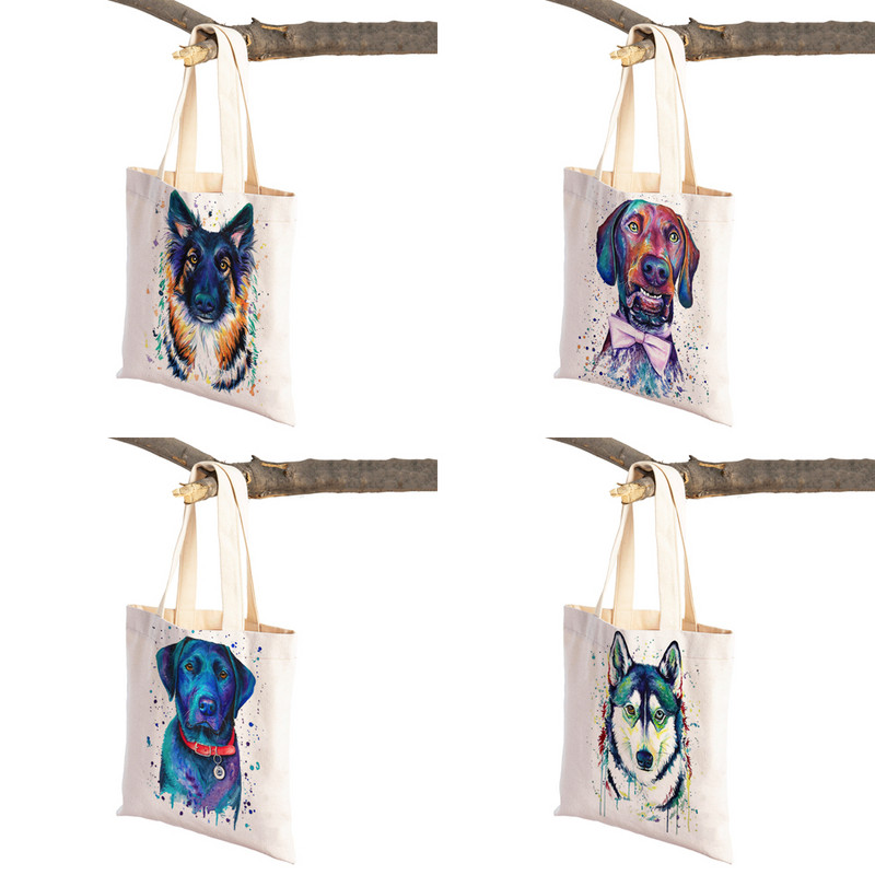 Mielas animacinis filmas Pet Dog Ekologinis pirkinių krepšys Moteriškas drobinis nešiojamas rankinė Daugkartinio naudojimo akvareliniai gyvūnai, moteriški pirkėjo pečių krepšiai