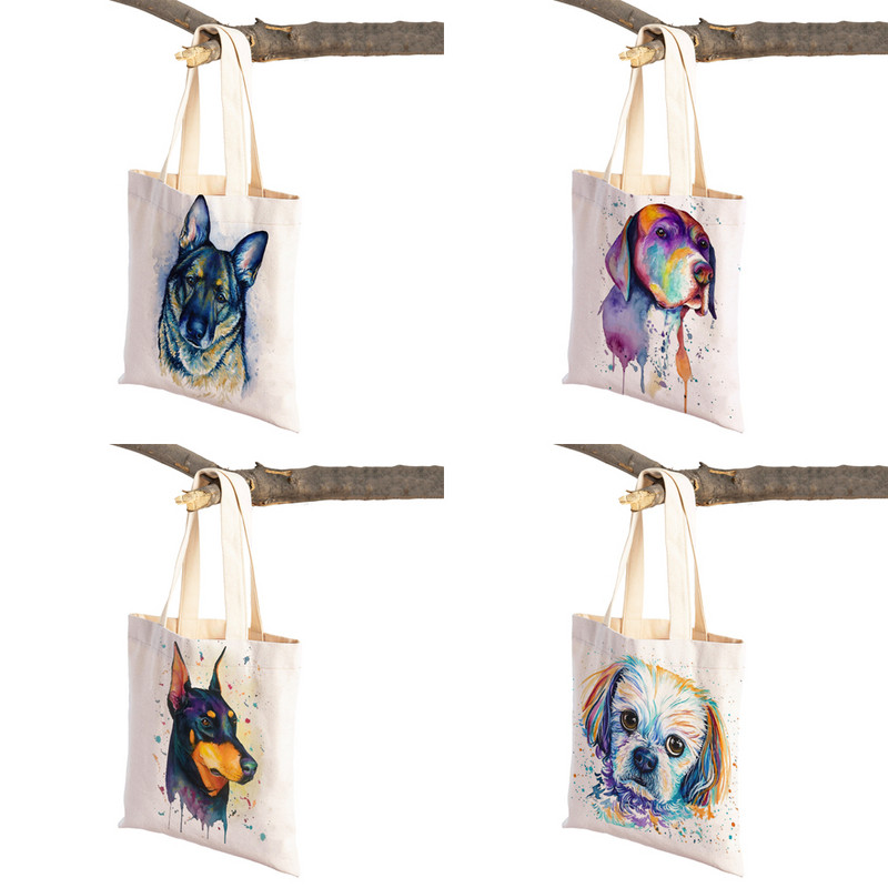 Mielas animacinis filmas Pet Dog Ekologinis pirkinių krepšys Moteriškas drobinis nešiojamas rankinė Daugkartinio naudojimo akvareliniai gyvūnai, moteriški pirkėjo pečių krepšiai
