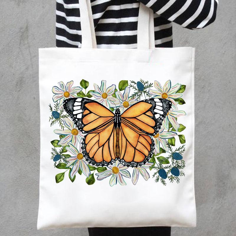 Platnene torbe s ispisom Shopper Ručne torbe Na rame Ležerna kupnja Plant Leptir Trend Slatke djevojke iz 90-ih Ženska modna velika torba