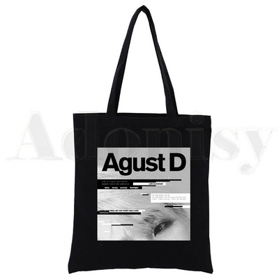 Korėjietiška versija KPOP Agust D D-2 Harajuku Canvas Tote Black Bags Harajuku Casual Moterų Tote Eco Shopper Pečių krepšiai