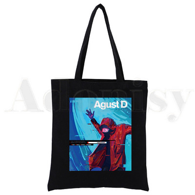 Korėjietiška versija KPOP Agust D D-2 Harajuku Canvas Tote Black Bags Harajuku Casual Moterų Tote Eco Shopper Pečių krepšiai