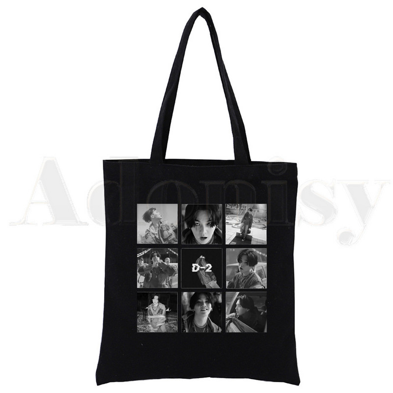 Korėjietiška versija KPOP Agust D D-2 Harajuku Canvas Tote Black Bags Harajuku Casual Moterų Tote Eco Shopper Pečių krepšiai