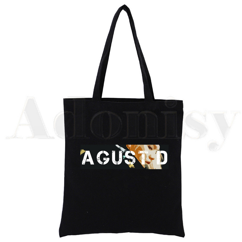 Korėjietiška versija KPOP Agust D D-2 Harajuku Canvas Tote Black Bags Harajuku Casual Moterų Tote Eco Shopper Pečių krepšiai