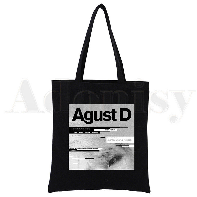 Korėjietiška versija KPOP Agust D D-2 Harajuku Canvas Tote Black Bags Harajuku Casual Moterų Tote Eco Shopper Pečių krepšiai