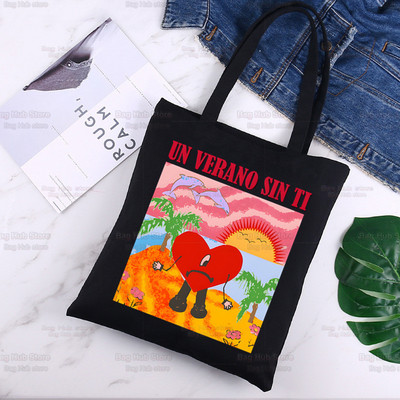 Bad Bunny Shopper Bag Canvas Tote Válltáskák UN VERANO SIN TI Zenei Album Bevásárlótáska Fekete vászon Kézitáskák Eco