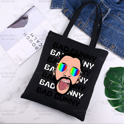 Bad Bunny Shopper Bag Canvas Tote Válltáskák UN VERANO SIN TI Zenei Album Bevásárlótáska Fekete vászon Kézitáskák Eco