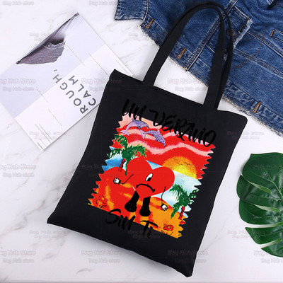 Bad Bunny Shopper Bag Canvas Tote Válltáskák UN VERANO SIN TI Zenei Album Bevásárlótáska Fekete vászon Kézitáskák Eco