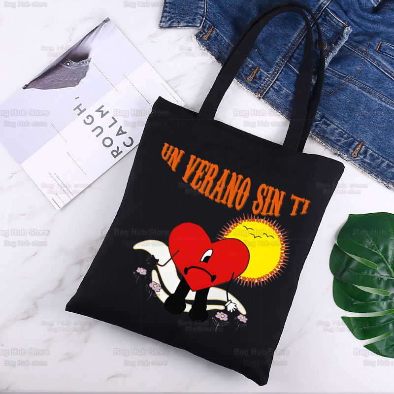 Bad Bunny Shopper Bag Canvas Tote Válltáskák UN VERANO SIN TI Zenei Album Bevásárlótáska Fekete vászon Kézitáskák Eco