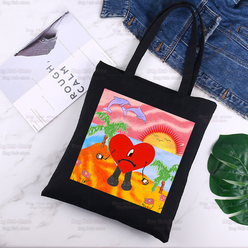 Bad Bunny Shopper Bag Canvas Tote Válltáskák UN VERANO SIN TI Zenei Album Bevásárlótáska Fekete vászon Kézitáskák Eco