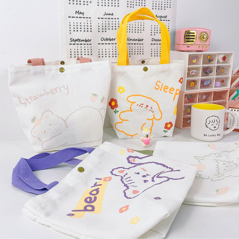 PURDORED 1 vnt Moteriška animacinė mini rankinė Korėjietiško stiliaus mažas pirkinių krepšys mergaitei, daugkartinio naudojimo drobės laikymo krepšys