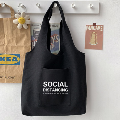2022 Geantă pentru navetiști Geanta de umăr Harajuku Geantă de femeie Geantă de tote ocazională Geanta de mână pentru cumpărături Geanta de pânză imprimată cu model text simplu, negru