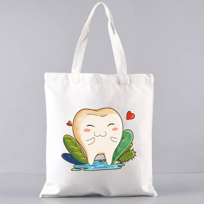 Shopper Sklopiva torba za višekratnu upotrebu, slatka torba za trgovinu namirnicama, prijenosna torba za rame velikog kapaciteta, ekološka torba u Harajuku stilu s otisnutim zubima