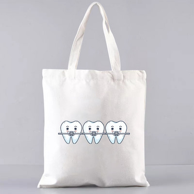 Shopper Sklopiva torba za višekratnu upotrebu, slatka torba za trgovinu namirnicama, prijenosna torba za rame velikog kapaciteta, ekološka torba u Harajuku stilu s otisnutim zubima