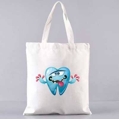 Shopper Sklopiva torba za višekratnu upotrebu, slatka torba za trgovinu namirnicama, prijenosna torba za rame velikog kapaciteta, ekološka torba u Harajuku stilu s otisnutim zubima