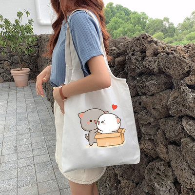 Tote Canvas rokassoma Videi draudzīga kanvas iepirkumu soma sievietēm Cute Cat Graphic karikatūra plecu somas Kokvilnas auduma soma meitenēm