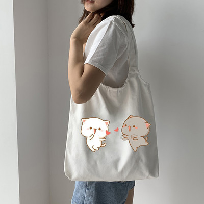 Tote platnena ručna torba Ekološka platnena torba za kupovinu za žene Slatka mačka Grafički crtići Torbe na rame Torba od pamučne tkanine za djevojčice