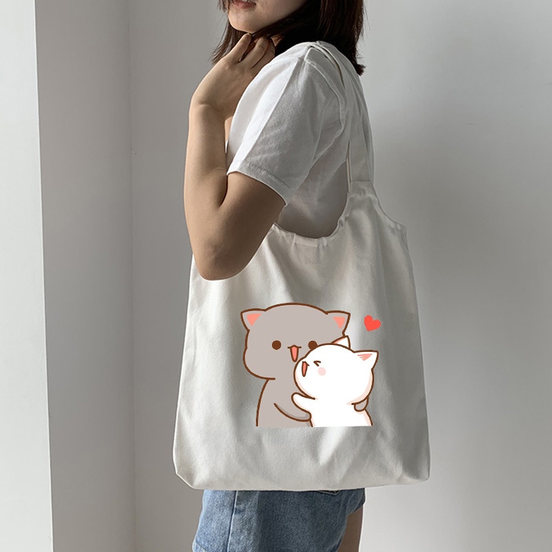 Tote platnena ručna torba Ekološka platnena torba za kupovinu za žene Slatka mačka Grafički crtići Torbe na rame Torba od pamučne tkanine za djevojčice