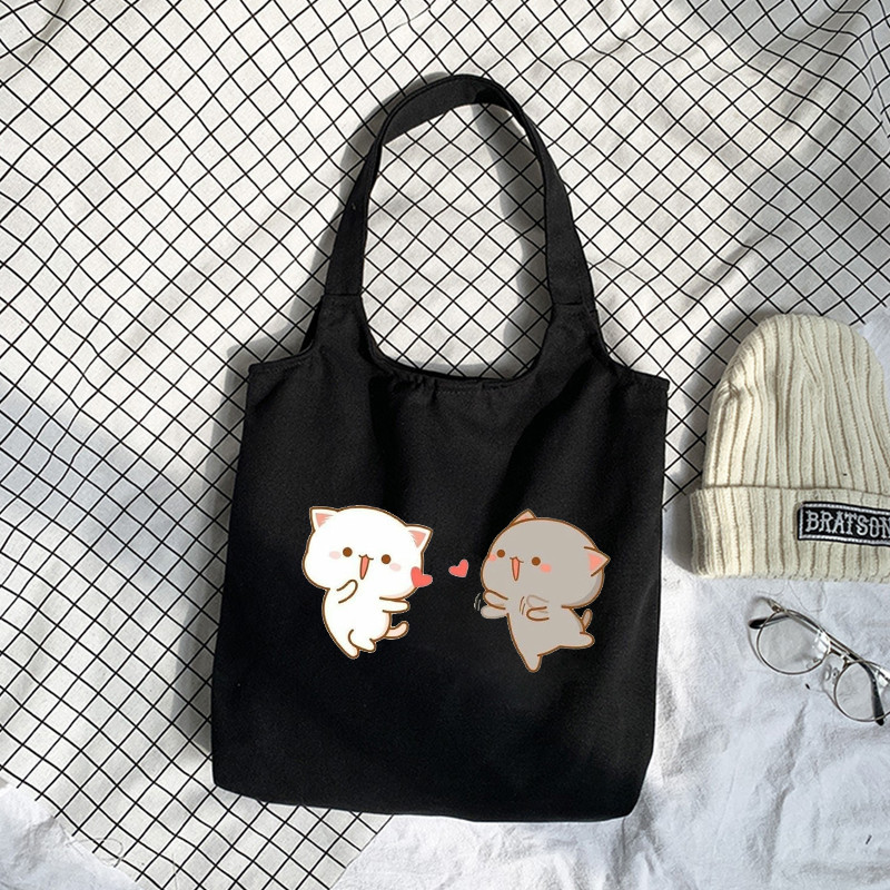 Tote platnena ručna torba Ekološka platnena torba za kupovinu za žene Slatka mačka Grafički crtići Torbe na rame Torba od pamučne tkanine za djevojčice