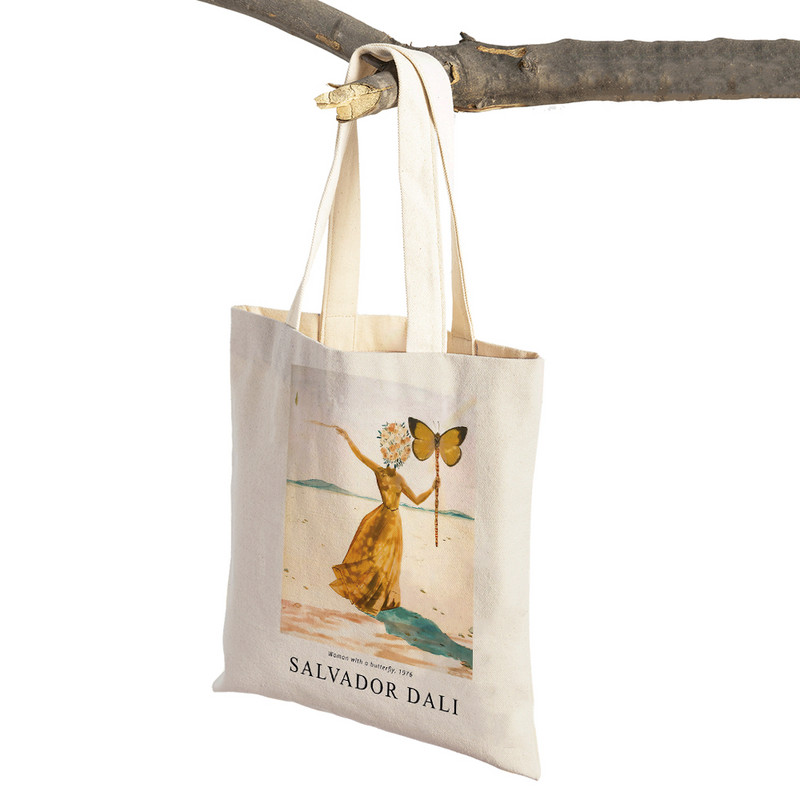 Salvador Dali Szürrealizmus Kubizmus Kiállítás Bevásárlótáska Tote Lady Kézitáska Dupla nyomtatás Újrafelhasználható alkalmi vászon női bevásárlótáskák