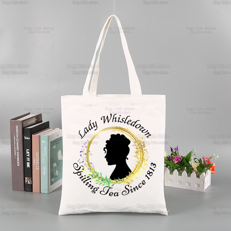 Whistledown Bridgertoni graafiline lõuend Lihtsad ostukotid TV-sarjad Tüdrukute elu vabaaja pistik Tea Lady pakend Käekott