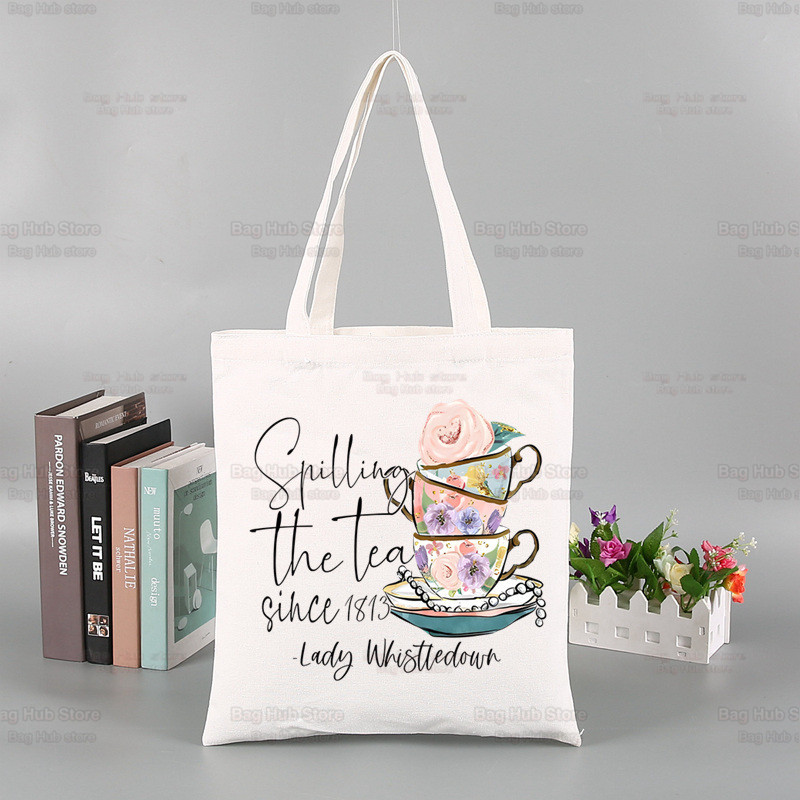 Whistledown Bridgertoni graafiline lõuend Lihtsad ostukotid TV-sarjad Tüdrukute elu vabaaja pistik Tea Lady pakend Käekott