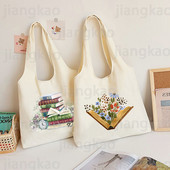 Cărți cu flori Acuarelă Geantă de tote Carte de literatură Genți de umăr cu flori Ilustrație Geantă de cărți pentru fete Geanta de mână din pânză Harajuku de călătorie