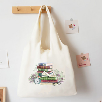 Floral Books Watercolor Tote Bag Literature Βιβλίο Λουλούδι Τσάντες ώμου Εικονογράφηση κορίτσι Βιβλίο Τσάντα Travel Harajuku Canvas Handbag