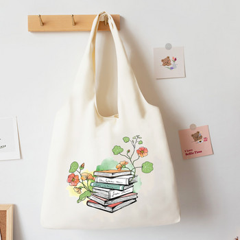 Floral Books Watercolor Tote Bag Literature Βιβλίο Λουλούδι Τσάντες ώμου Εικονογράφηση κορίτσι Βιβλίο Τσάντα Travel Harajuku Canvas Handbag