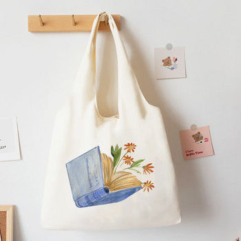 Floral Books Watercolor Tote Bag Literature Βιβλίο Λουλούδι Τσάντες ώμου Εικονογράφηση κορίτσι Βιβλίο Τσάντα Travel Harajuku Canvas Handbag