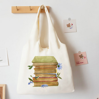 Floral Books Watercolor Tote Bag Literature Βιβλίο Λουλούδι Τσάντες ώμου Εικονογράφηση κορίτσι Βιβλίο Τσάντα Travel Harajuku Canvas Handbag