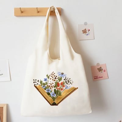 Cărți cu flori Acuarelă Geantă de tote Carte de literatură Genți de umăr cu flori Ilustrație Geantă de cărți pentru fete Geanta de mână din pânză Harajuku de călătorie
