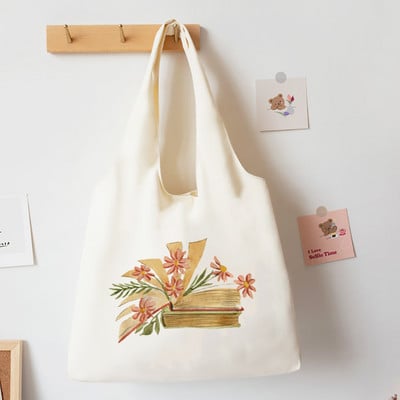 Cărți cu flori Acuarelă Geantă de tote Carte de literatură Genți de umăr cu flori Ilustrație Geantă de cărți pentru fete Geanta de mână din pânză Harajuku de călătorie