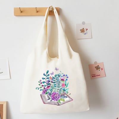 Cărți cu flori Acuarelă Geantă de tote Carte de literatură Genți de umăr cu flori Ilustrație Geantă de cărți pentru fete Geanta de mână din pânză Harajuku de călătorie