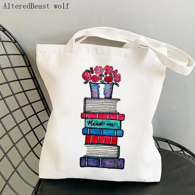 Shopper Flowery Books Cartoons Printed Tote Bag žene Harajuku shopper torba djevojka Torba za kupovinu na rame Lady Canvas Bag