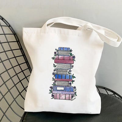 Shopper Flowery Books Cartoons Printed Tote Bag žene Harajuku shopper torba djevojka Torba za kupovinu na rame Lady Canvas Bag