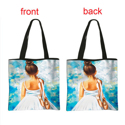 Geantă de cumpărături cu imprimeu balerină, geantă de mână pentru femei, dansatoare de balet, de mare capacitate, portabile, de umăr, reutilizabilă.