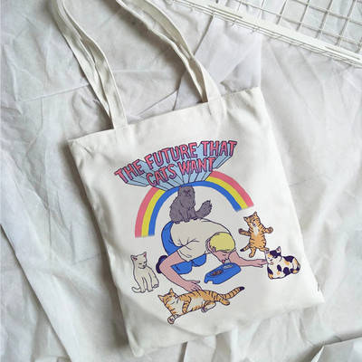 Mačka platnena velika torba Ženska ručna torba Harajuku Ulzzang Modne torbe na rame Retro Boho biljke torba za studentske knjige velikog kapaciteta