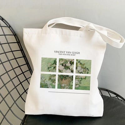 Vásárló Van Gogh váza rózsaszín rózsákkal Kawaii táska Harajuku női bevásárlótáska vászon Shopper bag lány táska válltáska női táska