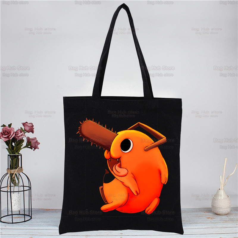 Motorzāģis Kawaii Pochita melna iepirkumu soma Oriģināla Denji motorzāģa vīrietis Anime dizains balts unisex modes ceļojumu audekla somas