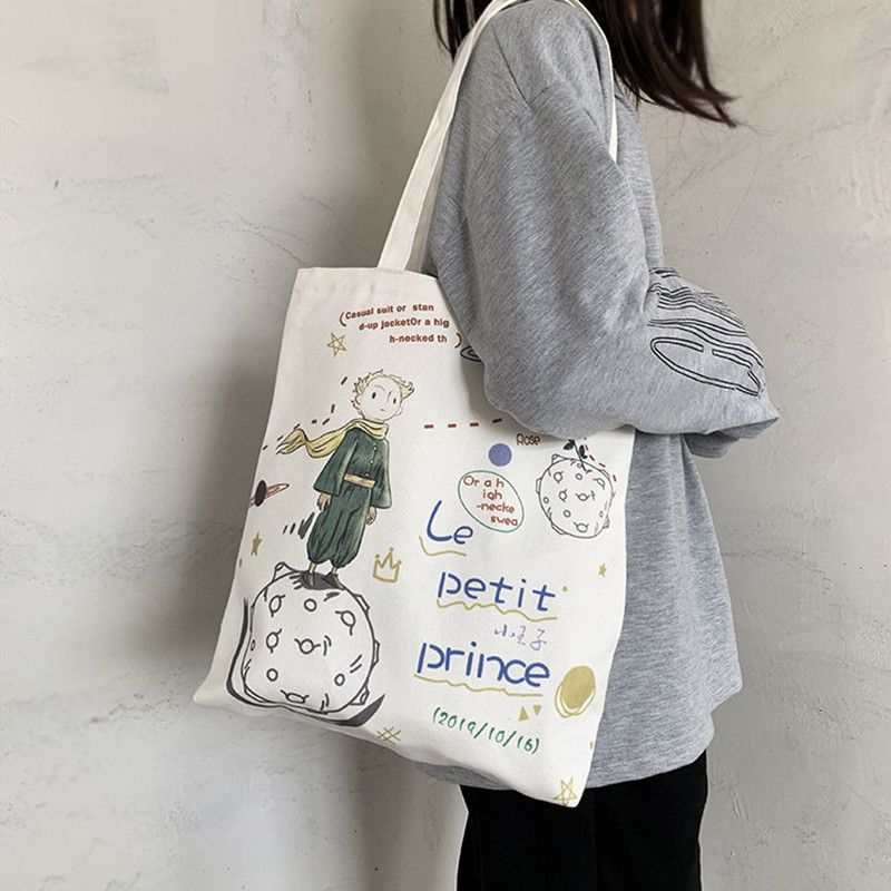 Kis Herceg mintás vászontáskák Harajuku stílusú rajzfilm válltáskák nőknek Kis friss női bevásárlótáska nagy ökotáska