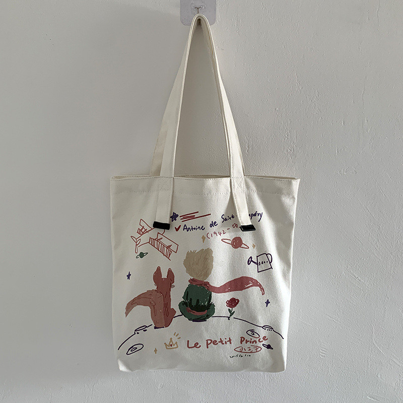 Kis Herceg mintás vászontáskák Harajuku stílusú rajzfilm válltáskák nőknek Kis friss női bevásárlótáska nagy ökotáska